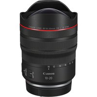 Canon Ultra-Wide RF 10-20 mm F4L IS STM lens, black, with red ring and focus adjustment dials.