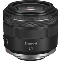 Black Canon RF 24 mm F1.8 Macro IS STM lens with textured focus ring and sleek design.