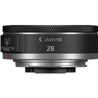 Black Canon RF 28 mm F2.8 STM lens with textured focus ring and silver mount.