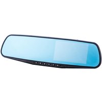 Black rear view mirror dashcam with blue tint, screen on right, and control buttons along the bottom edge.