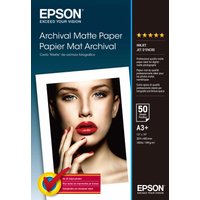 Epson Archival Matte Paper, A3+, 189g/m², 50 sheets, black packaging with a model photo and product details.