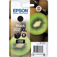 Epson Kiwi Singlepack Black 202XL Claria Premium Ink with kiwi fruit image and black ink droplet on packaging.