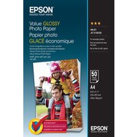 Epson Value Glossy Photo Paper pack, A4 size, 50 sheets, blue and black packaging with family photo.