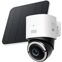 White Eufy 4G LTE Cam S330 with black solar panel, cylindrical design, and 4K lens for outdoor mounting.