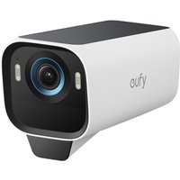 White Eufy S3 Pro Bullet IP security camera with black face, lens, and dual LED lights, designed for outdoor wall mounting.