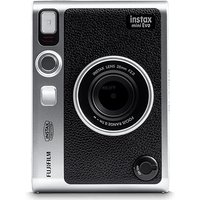 Black and silver Fujifilm Instax mini Evo camera with textured grip, lens, and viewfinder.