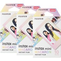 Fujifilm Instax Mini Macaron film pack of 30 with colorful pastel frames, featuring three boxes with sample photos.