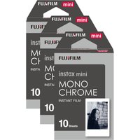 Fujifilm Instax Mini Monochrome film pack of 30, gray packaging with black and white photo sample on front.