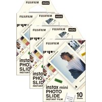 Fujifilm Instax Mini Instant Photo Film pack of 30 with colorful slide frames and photo preview on packaging.