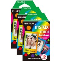 Fujifilm Instax Mini Rainbow film pack of 30 with colorful borders and images of friends on the packaging.