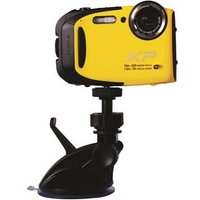 Black Fujifilm camera bracket with adjustable arm holding a yellow camera, mounted on a suction cup base.