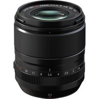 Black Fujifilm XF33mm F1.4 R LM WR lens with ribbed focus ring and aperture markings on barrel.