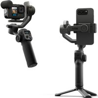 Black GoPro Fluid Pro AI gimbal stabilizer with ergonomic grip, AI tracking, and mounts for camera and smartphone.