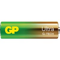 Gp AA Battery Alkaline 1.5V, green and gold casing, yellow GP logo, Ultra G-Tech branding, 4 pack.