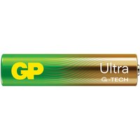 GP AAA alkaline battery 1.5V, green and gold design, "Ultra" and "G-TECH" text, 4-pack packaging.