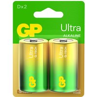 GP Ultra Alkaline D batteries 1.5V, 2 pack, gold and green with GP logo, in green and yellow packaging.