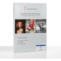 Hahnemühle white matt photo paper pack with art images, FineArt InkJet Paper label, and blue product details.