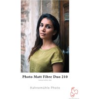 Hahnemühle Matt Fibre Duo 210 A4 white paper with a smooth texture, featuring a woman in a green top on the cover.