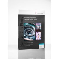Hahnemühle Photo Luster 260 A3 paper pack, white with smooth finish, black packaging, featuring sample images.