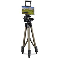 Champagne Hama tripod with three legs, adjustable mount for smartphone/tablet, and black accents.