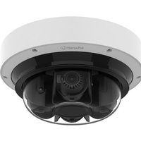 White HANWHA dome security camera with black base, clear cover, and multiple lenses visible inside.