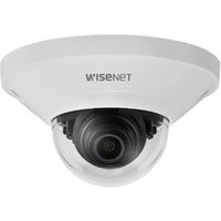 White Hanwha QND-6021 dome IP security camera with clear lens cover and compact design for indoor use.
