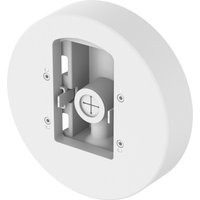 White circular Hanwha SBD-180PMW security camera mount with recessed center and screw holes.