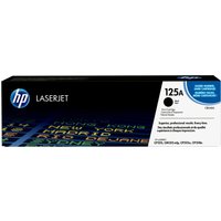 HP 125A black LaserJet toner cartridge in a rectangular black box with blue HP logo and colorful text design.