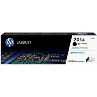 HP 201A black toner cartridge box with blue HP logo and colorful text design on black background.