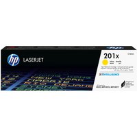 HP 201X yellow LaserJet toner cartridge in black box with blue HP logo and colorful text design.