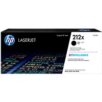 HP 212X black LaserJet toner cartridge box with blue HP logo and colorful text pattern.