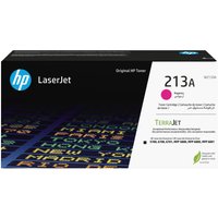 Black HP 213A Magenta LaserJet toner cartridge box with blue HP logo and colorful text pattern.