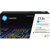 HP 213X cyan toner cartridge box with blue HP logo, black background, and colorful text design.