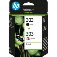 HP 303 2-pack ink cartridges, black and tri-color, in black box with green accents and HP logo.