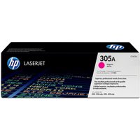 HP 305A magenta LaserJet toner cartridge in black box with colorful text and HP logo.
