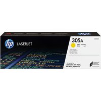 HP 305A yellow LaserJet toner cartridge box with blue HP logo and colorful text pattern.