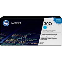 HP 307A Cyan LaserJet toner cartridge box with blue accents and HP logo on black background.