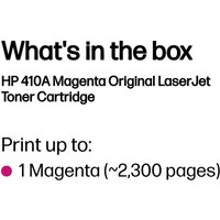 HP 410A Magenta LaserJet toner cartridge box with print capacity text and magenta dot graphic.