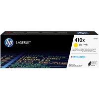 HP 410X yellow LaserJet toner cartridge box with blue HP logo and colorful text design.