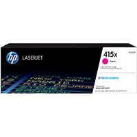 HP 415X magenta LaserJet toner cartridge box with HP logo, black background, and colorful text graphics.