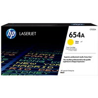 HP 654A yellow LaserJet toner cartridge box with bold text and HP logo on black background.