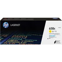 HP 658X yellow toner cartridge box with HP logo, black background, and colorful text design.