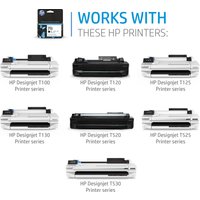 HP 711 38-ml black ink cartridge in blue and white packaging with HP logo and printer compatibility list.