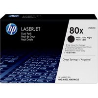 HP 80X dual pack black toner cartridges in a black box with blue text and HP logo.