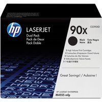 HP 90X 2-pack black toner cartridges in a black box with blue accents and white text.