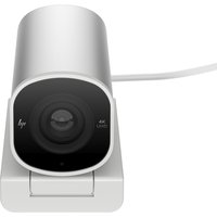 HP 960 4K Streaming Webcam, silver cylindrical body, black lens, USB cable attached