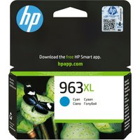 HP 963XL cyan ink cartridge in black and green packaging with butterfly image and HP logo.