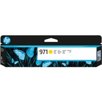 HP 971 Yellow Original Ink Cartridge in black box with blue butterfly design and HP logo.