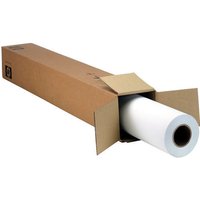 Brown box with HP Matte Litho-realistic paper roll, white surface, 60" width, partially unboxed.