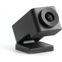 Black Huddly IQ webcam with mic, 12 MP, angled design, round lens, and compact base.